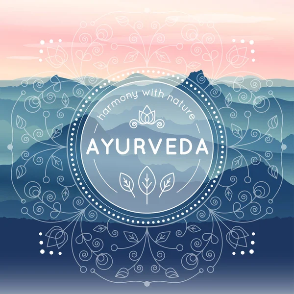 Ilustração do vetor Ayurveda com paisagem montesa da manhã, testes padrões étnicos e texto da amostra Vetor De Stock