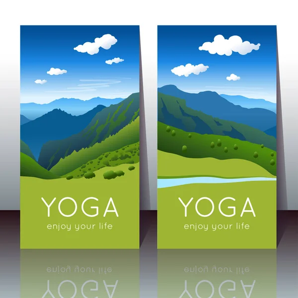 Cartões de ioga vetorial com paisagem de montanha de verão e texto de amostra Gráficos De Vetores