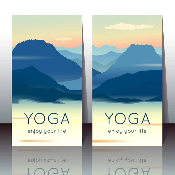 Cartões de ioga vetorial com paisagem de montanha matinal e texto de amostra Vetores De Stock Royalty-Free
