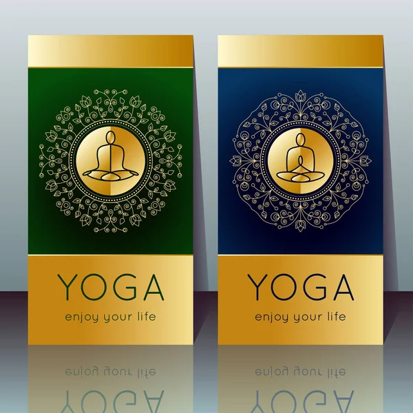 Cartões de ioga vetorial com iogue em pose de ioga, texto de amostra Ilustração De Stock