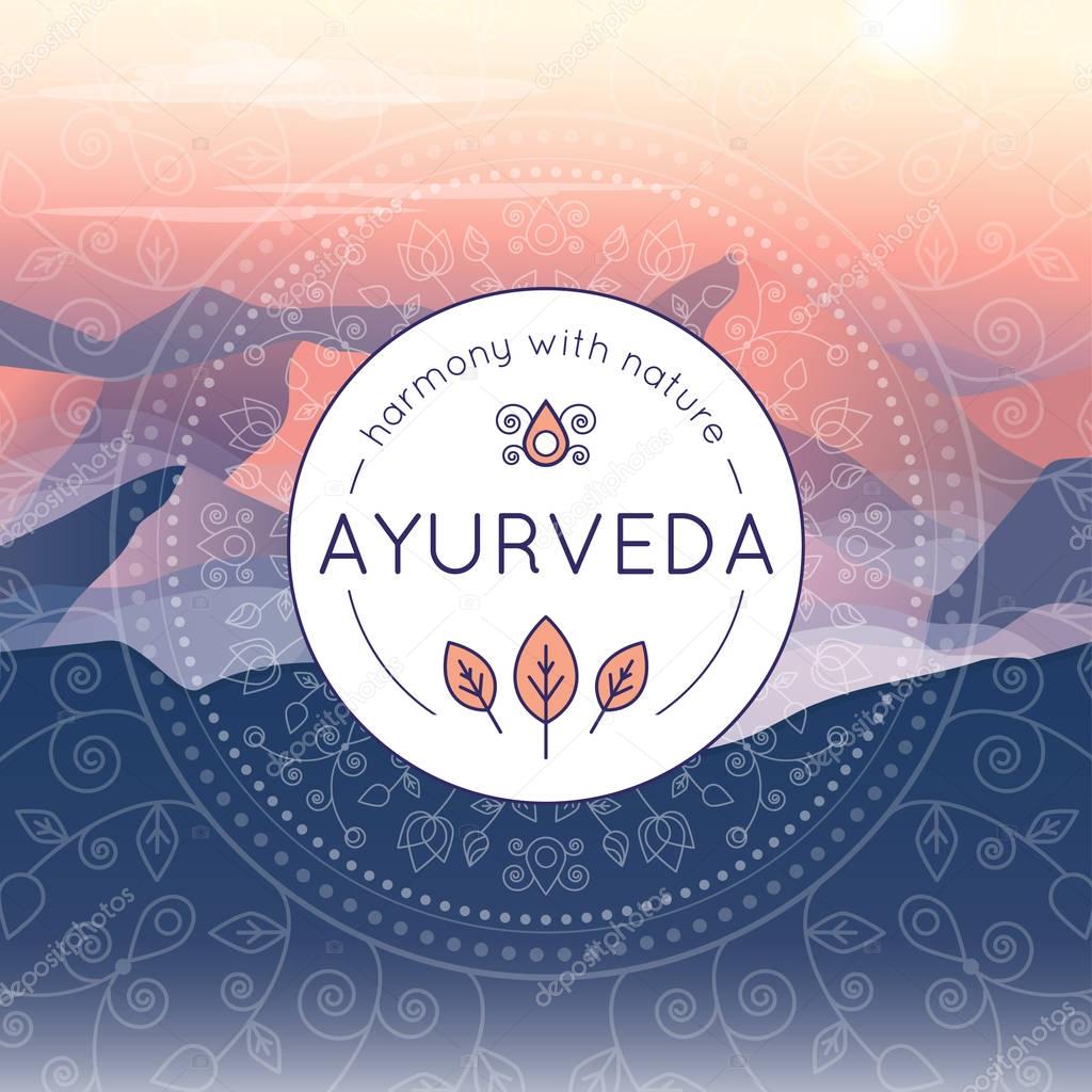 Vector Ayurveda illustration with evening mountain landscape, ethnic patterns and sample text