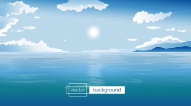 Açık deniz, mavi gökyüzü, güneş, bulutlar ve tepeler ile yaz vektör ilüstrasyonları öğlende pankart turizm acentesi, arkaplan, poster, iniş sayfası olarak kullanılacak renkler.