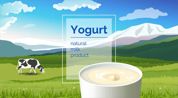 Modelo Vetor Publicidade Iogurte Leite Natural Contexto Prados Verdes Montanhas —  Vetores de Stock