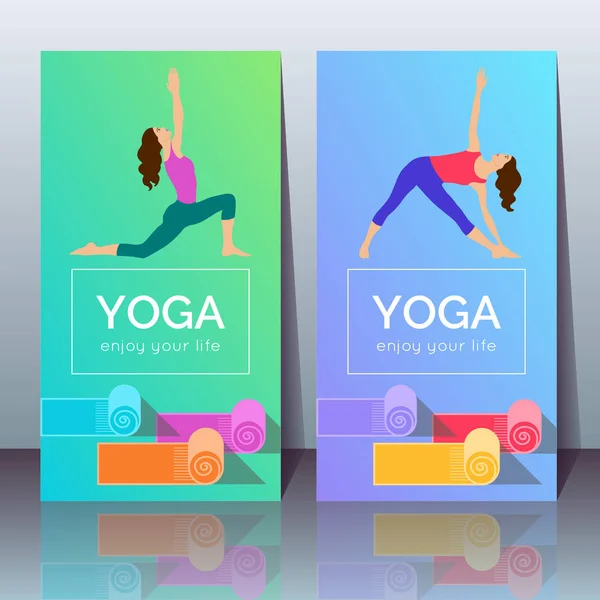 Vector Flyers Girls Yoga Poses Fitness Mats Sample Text Gradient — Stock Vector