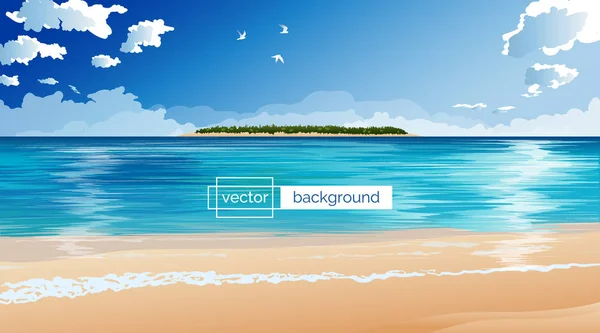 バナー観光代理店 ポスター ランディングページのテンプレートとして使用するグラデーションの色で深い海 青い空 雲や熱帯の島とベクトル夏のイラスト — ストックベクタ