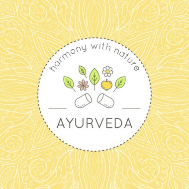 Vector Ayurveda illustration with flower, leaves and tablet, ethnic patterns and sample text in yellow colors for use as template of banner, backdrop or poster for ayurveda medicine center or product.