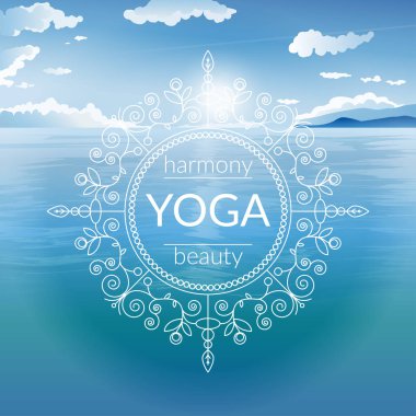Vector yoga illustration with sun, sea and ethnic patterns and sample text in blue colors for use as template of poster, flyer or backdrop for yoga studio or fitness center.