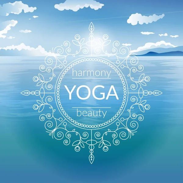 Vector Yoga Illustration Sun Sea Ethnic Patterns Sample Text Blue — Stok Vektör