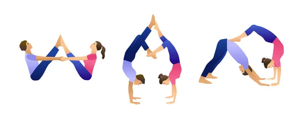 Ilustración Vectorial Yoga Con Conjunto Asanas Yoga Para Pareja Sobre — Vector de stock