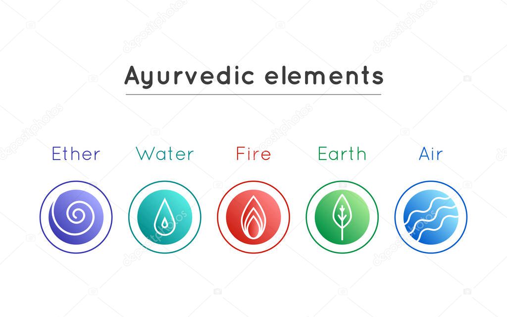 Vector illustration with set of isolated ayurveda symbols: water, fire, air, earth, ether in gradient colors on a white backdrop for use as design elements of web site, banner, backdrop, poster in ayurveda medicine center.