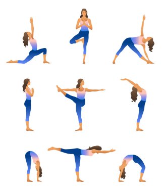 Yoga pozlarındaki izole edilmiş kız siluetleriyle vektör gradyan çizimi. Yoga yapan genç kadınlarla sağlıklı bir yaşam tarzı hakkında poster tasarlamak için.. 