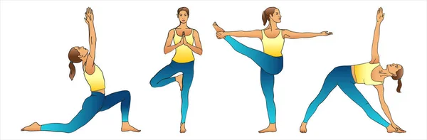 Ilustración Gradiente Vectorial Con Conjunto Siluetas Chicas Aisladas Poses Yoga — Vector de stock