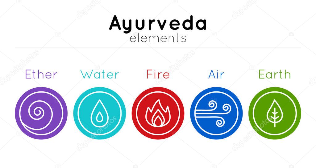 Vector set of isolated ayurveda symbols: water, fire, air, earth, ether in bright colors on a white backdrop for use as design elements of web site, banner, poster, alternative medicine center.