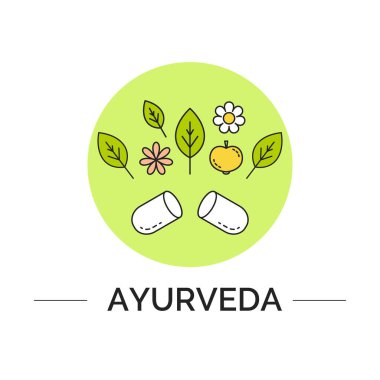 Ayurvedic dükkanının logo şablonu, alternatif tıp merkezi, doğal organik ürünler, masaj merkezi olarak kullanılması için izole doğrusal yapraklar, çiçekler ve beyaz zemin üzerinde meyveler içeren vektör ayurveda ilüstrasyonu