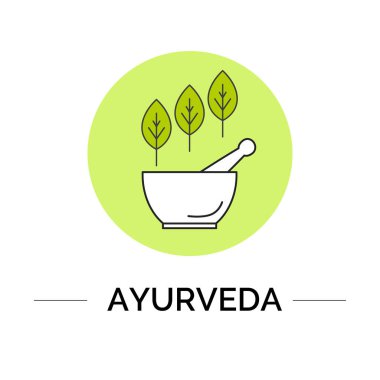 Ayurvedic mağazası, alternatif tıp merkezi, doğal organik ürünler, homeopati için izole doğrusal yapraklar, havan topu, beyaz bir zemin üzerinde vektör ayurveda logoti şablonu.