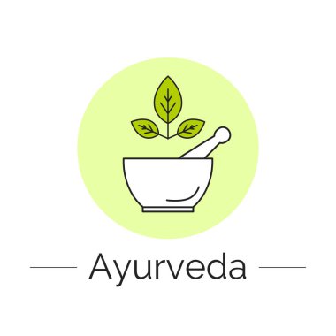 Ayurvedic mağazası, alternatif tıp merkezi, doğal organik ürünler, homeopati için izole doğrusal yapraklar, havan topu, beyaz bir zemin üzerinde vektör ayurveda logoti şablonu.
