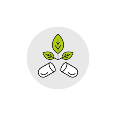 Yeşil yapraklı vektör logosu, tıbbi kimlik tasarımı için beyaz zemin üzerinde gri daireye tablet, ayurveda alternatif tıp merkezi, doğal bitkisel ilaç, organik tedavi