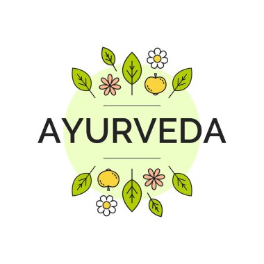 Ayurvedic dükkanının logo şablonu, alternatif tıp merkezi, doğal organik ürünler, masaj merkezi olarak kullanılması için izole doğrusal yapraklar, çiçekler ve beyaz zemin üzerinde meyveler içeren vektör ayurveda ilüstrasyonu