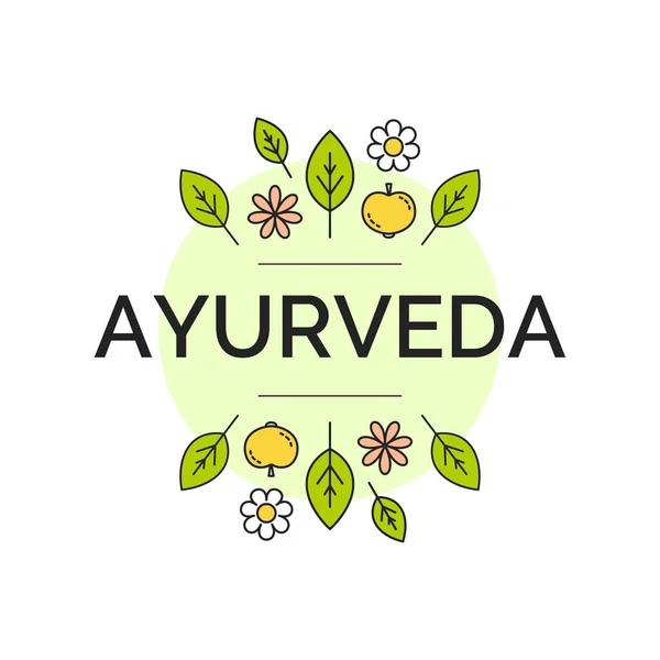 Vector Ayurveda Illustration Med Isolerade Linjära Blad Blommor Frukter Vit Stockillustration