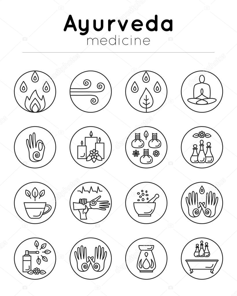 Vector illustration with set of isolated ayurveda icons on white background in trendy linear style for design alternative medicine center, ayurvedic massage, landing, website, yoga studio.