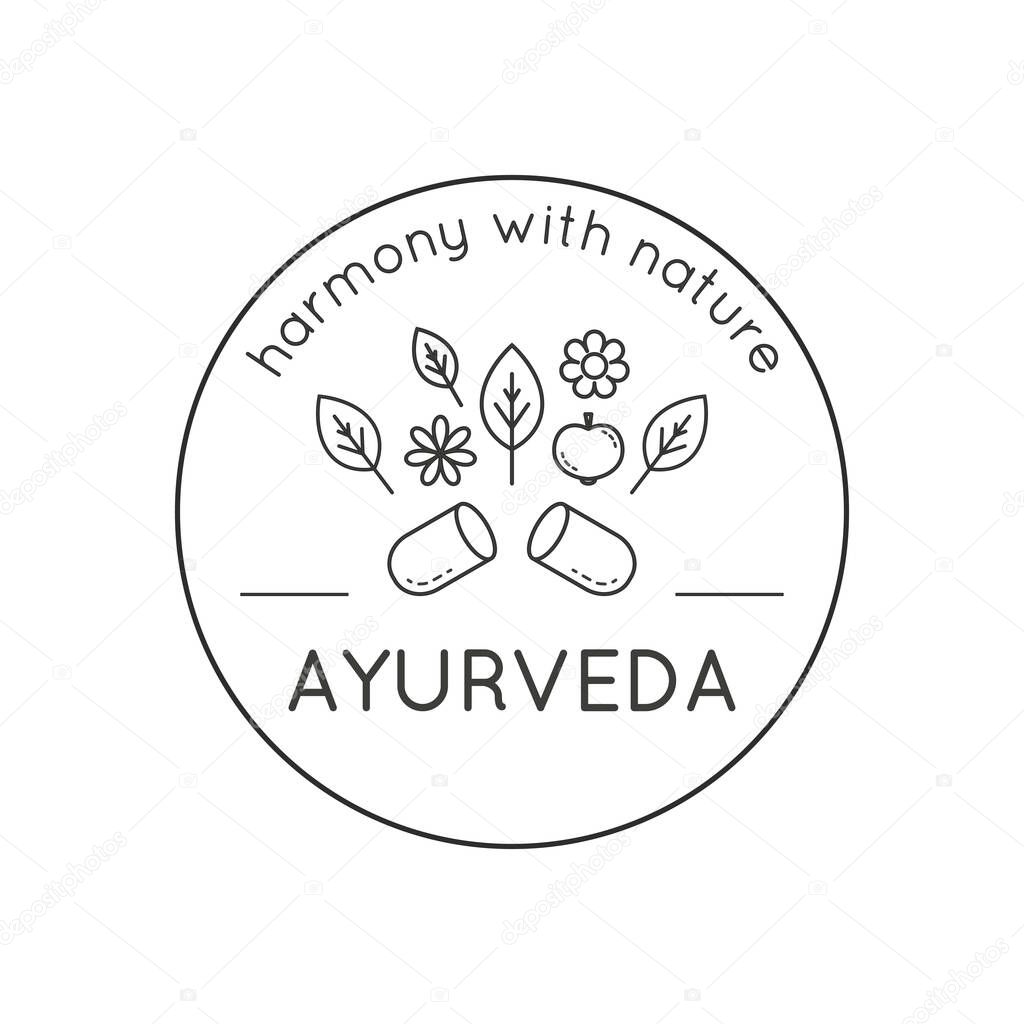 Vector illustration with isolated linear leaves, flowers, fruits on a white backdrop for use as logo template of ayurveda shop, alternative medicine center, natural organic products, aromatherapy
