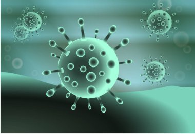 Rna virüsü familyasından yeşil, gri renkli gerçekçi bir koronavirüs. Gradyan renk virüsü çizimi.