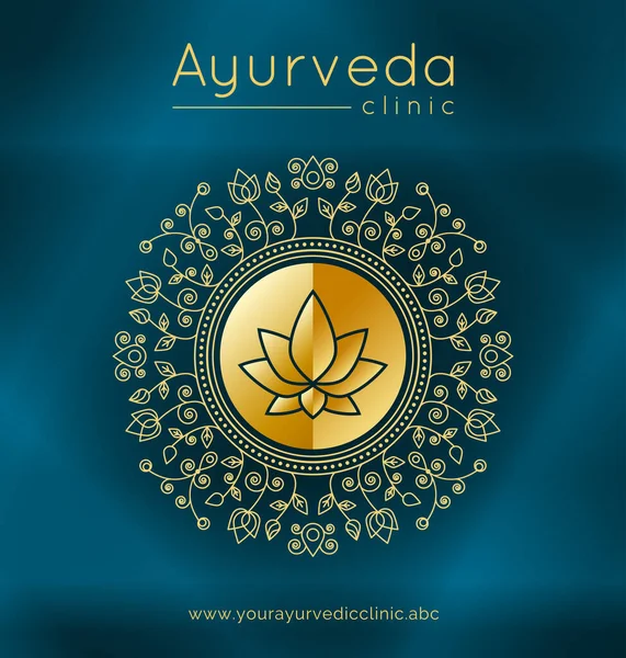 Ayurveda Poster Mit Ethnischen Mustern Und Beispieltext Goldtönen Auf Blauem — Stockvektor