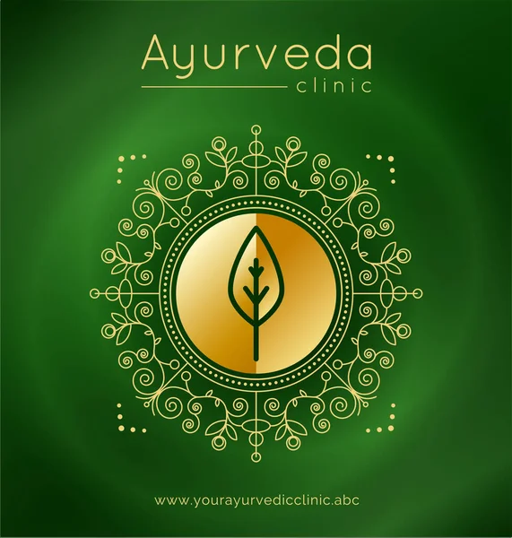 Plakat Ayurveda Etnicznymi Wzorami Przykładowy Tekst Odcieniach Złota Zielonym Tle — Wektor stockowy