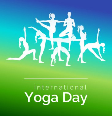 Uluslararası yoga günü için kadın siluetleri ile gradyan renklerde parlak pankart.