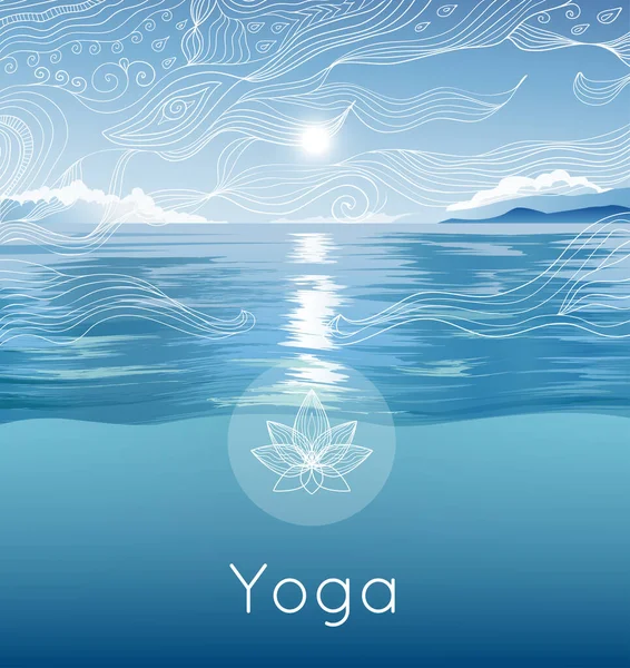 Mavi Gökyüzü Okyanus Güneş Çizimi Desenli Taşıyıcı Posteri Yoga Inzivası — Stok Vektör