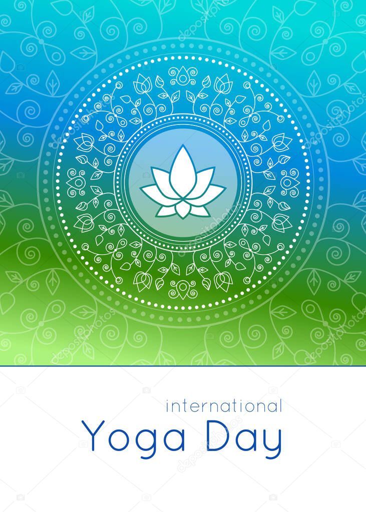 Bright vertical banner in gradient colors with floral ornament and lotus for international yoga day.
