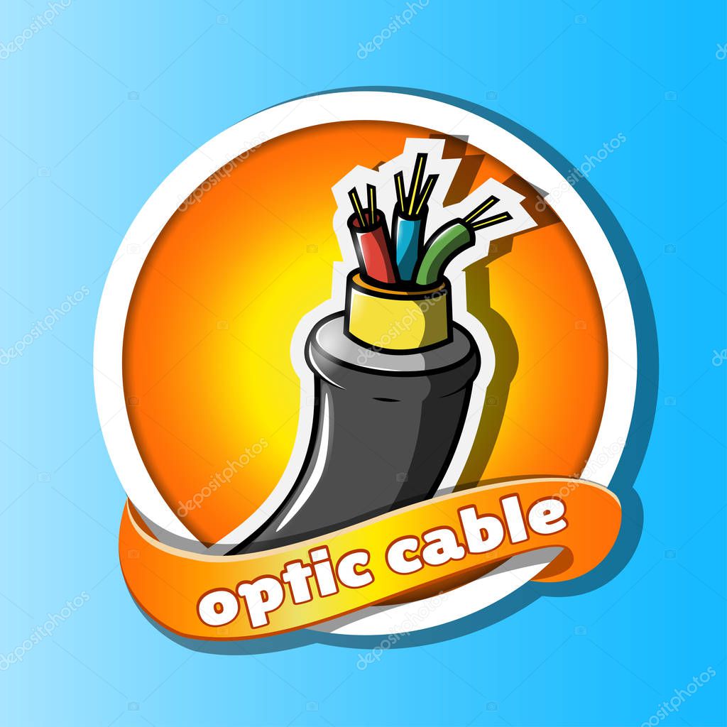 Optic cable icon with label on blue background. Vector illustration