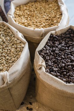 Yeşil ve kahverengi kahve çekirdekleri kavrulmamış ve siyah kahve çekirdekleri çuvalda.