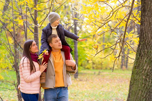 Anya és apa és fia, a váll őszi parkban — Stock Fotó