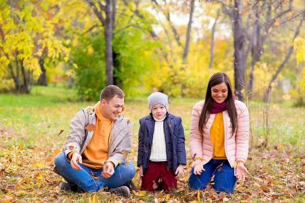 Family playing with leaves autumn park — Stock Photo, Image