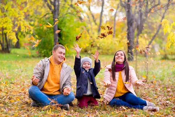 Játszik a család elhagyja őszi park — Stock Fotó