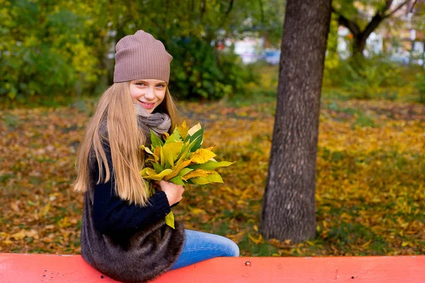 Niña preadolescente en el parque de otoño con hojas — Foto de Stock