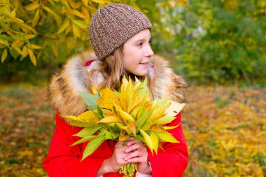 park ile yapraklar sonbaharda küçük kız