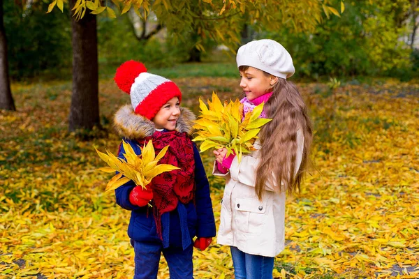 Two little girls in autumn park with leafs — Stock Photo, Image