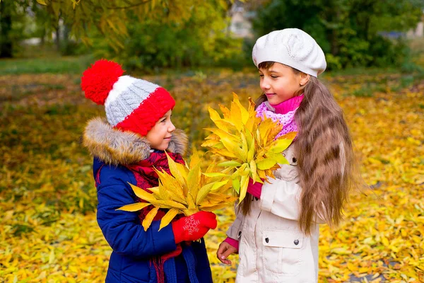 Zwei kleine Mädchen im Herbstpark mit Blättern — Stockfoto