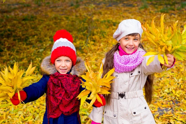 Deux petites filles dans le parc d'automne avec des feuilles — Photo