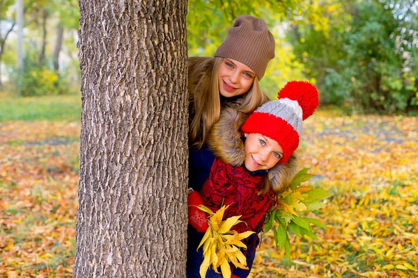 Little girls in autumn park with leafs — Stock Photo, Image