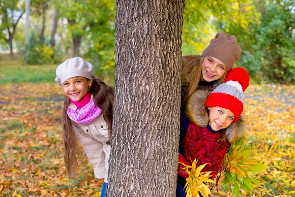 Little girls in autumn park with leafs — Stock Photo, Image