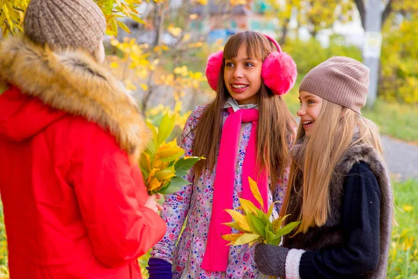 Preteen girls talking each other in the park — Stock Photo, Image