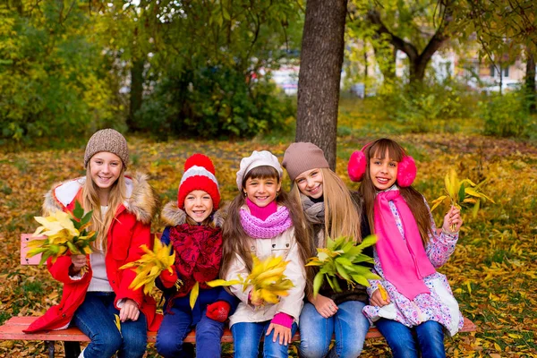 Група дівчат в осінньому парку з листям — стокове фото