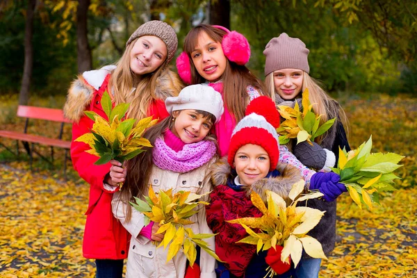 Group of girls in autumn park with leafs — Stock Photo, Image