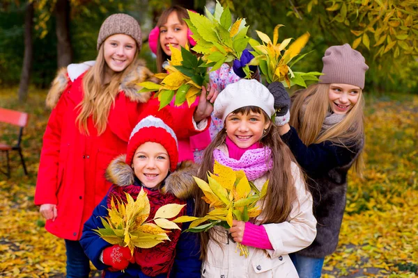 Grupo de meninas no parque de outono com folhas — Fotografia de Stock