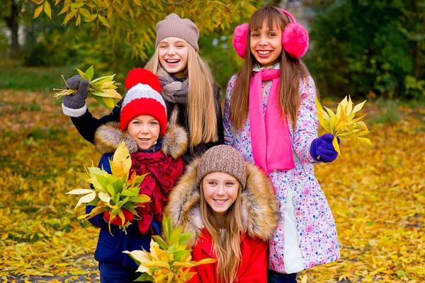 Groupe de filles dans le parc d'automne avec des feuilles — Photo