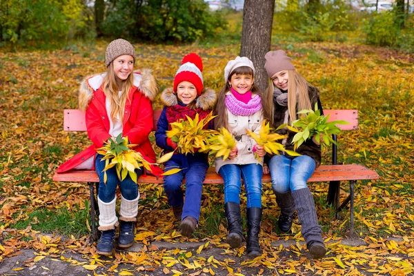 Grupo de meninas no parque de outono na brench — Fotografia de Stock