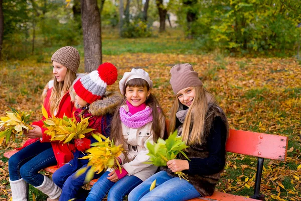 Group of girls in autumn park on the brench — Stock Photo, Image